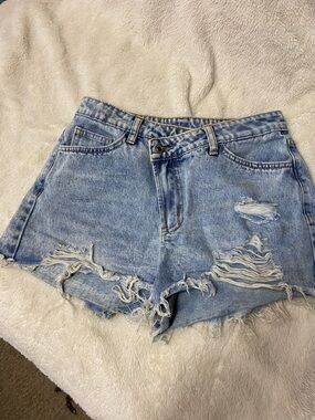 High-Rise Distressed Light Blue Denim Shorts